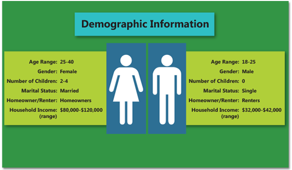 Demographic Information: Age Range, Gender, Number of Children, Marital Status, Homeowner/Renter, Household Income range