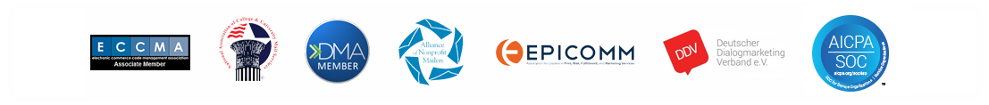 ECCMA Associate Member, NACUM logo, DMA Member, Alliance of Nonprofit Mailers, EPICOMM, Deutschen Dialogmarketing Verband - DDV logo, AICPA SOC certified