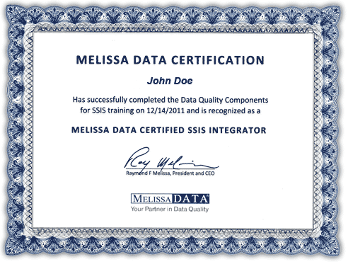 Melissa Data Certification certificate mock up